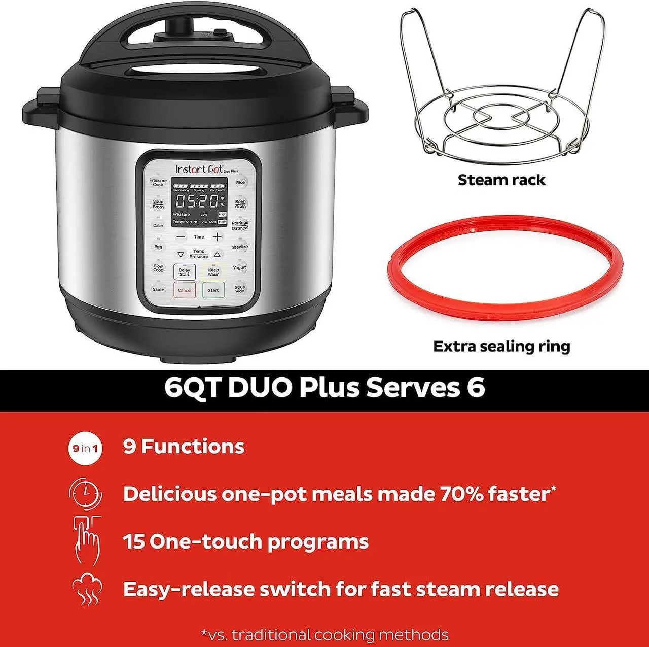 Alt view image 2 of 7 - Instant Pot Duo Plus 9-in-1 Electric Pressure Cooker, Slow Cooker, Rice Cooker, Steamer, Sauté, Yogurt Maker, Warmer & Sterilizer, Includes Free App with over 1900 Recipes, Stainless Steel, 6 Quart