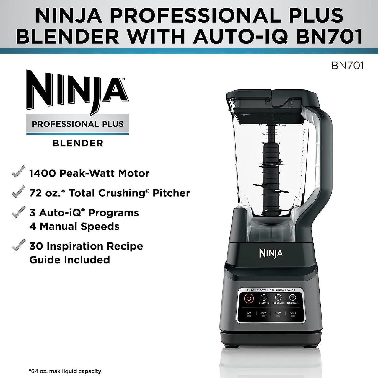 Alt view image 6 of 7 - Ninja Professional Plus Bender, 1400 Peak Watts, 3 Functions for Smoothies, Frozen Drinks & Ice Cream with Auto IQ, 72-oz.* Total Crushing Pitcher & Lid, Dark Grey