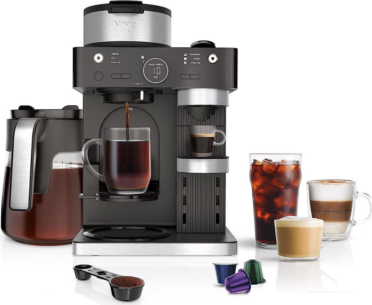 Main image of Ninja Espresso & Coffee Barista System, Single-Serve Coffee & Nespresso Capsule Compatible, 12-Cup Carafe, Built-in Frother, Espresso, Cappuccino & Latte Maker, Black & Stainless Steel
