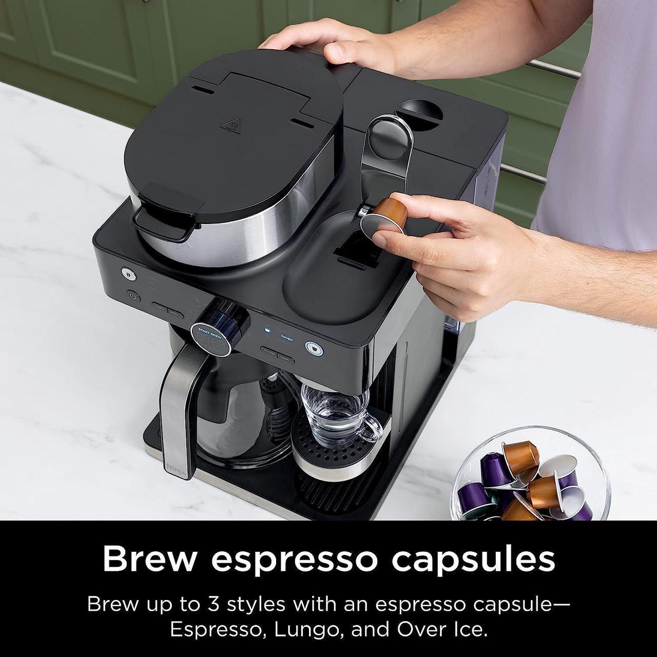 Alt view image 2 of 7 - Ninja Espresso & Coffee Barista System, Single-Serve Coffee & Nespresso Capsule Compatible, 12-Cup Carafe, Built-in Frother, Espresso, Cappuccino & Latte Maker, Black & Stainless Steel