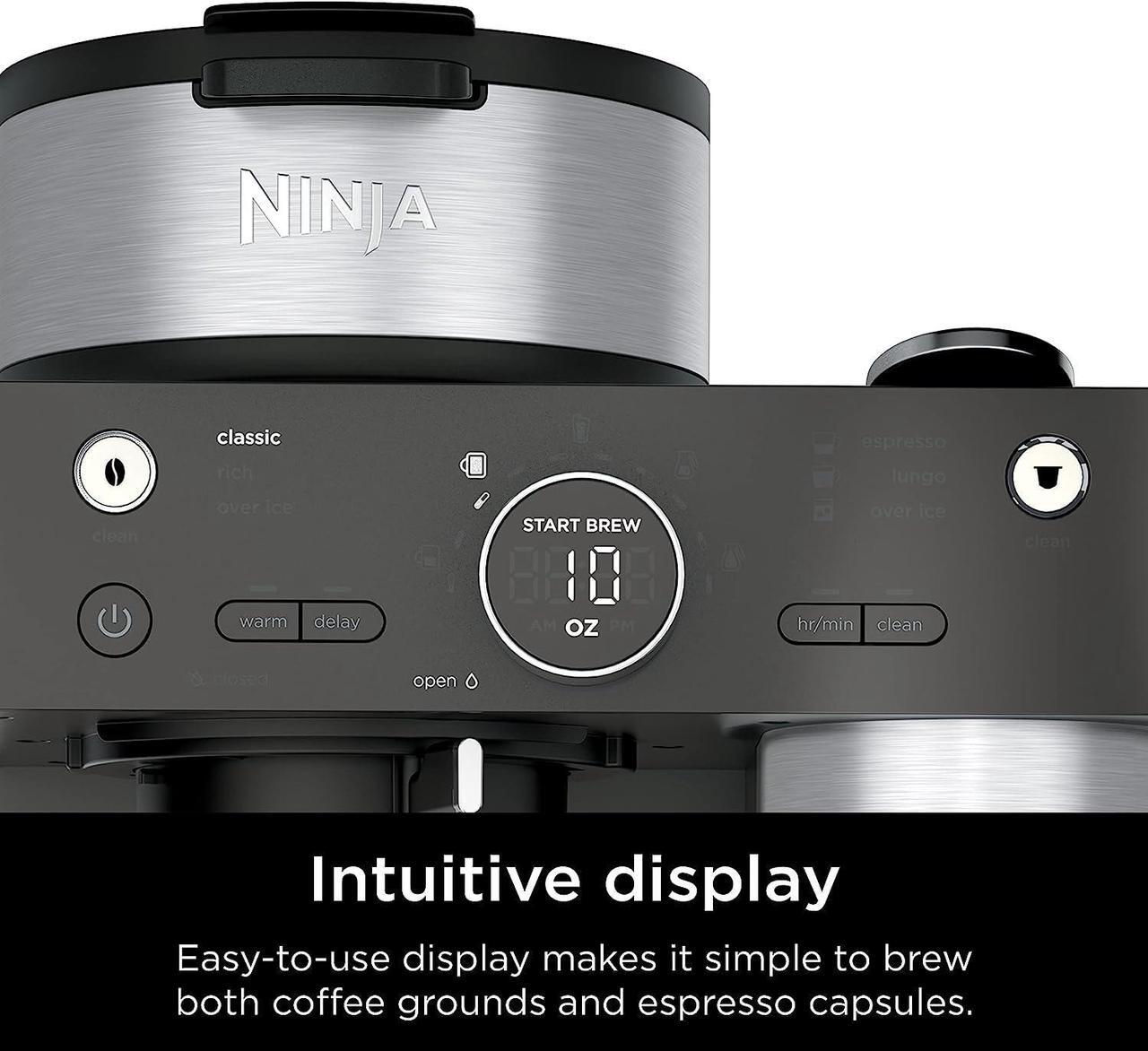 Alt view image 7 of 7 - Ninja Espresso & Coffee Barista System, Single-Serve Coffee & Nespresso Capsule Compatible, 12-Cup Carafe, Built-in Frother, Espresso, Cappuccino & Latte Maker, Black & Stainless Steel