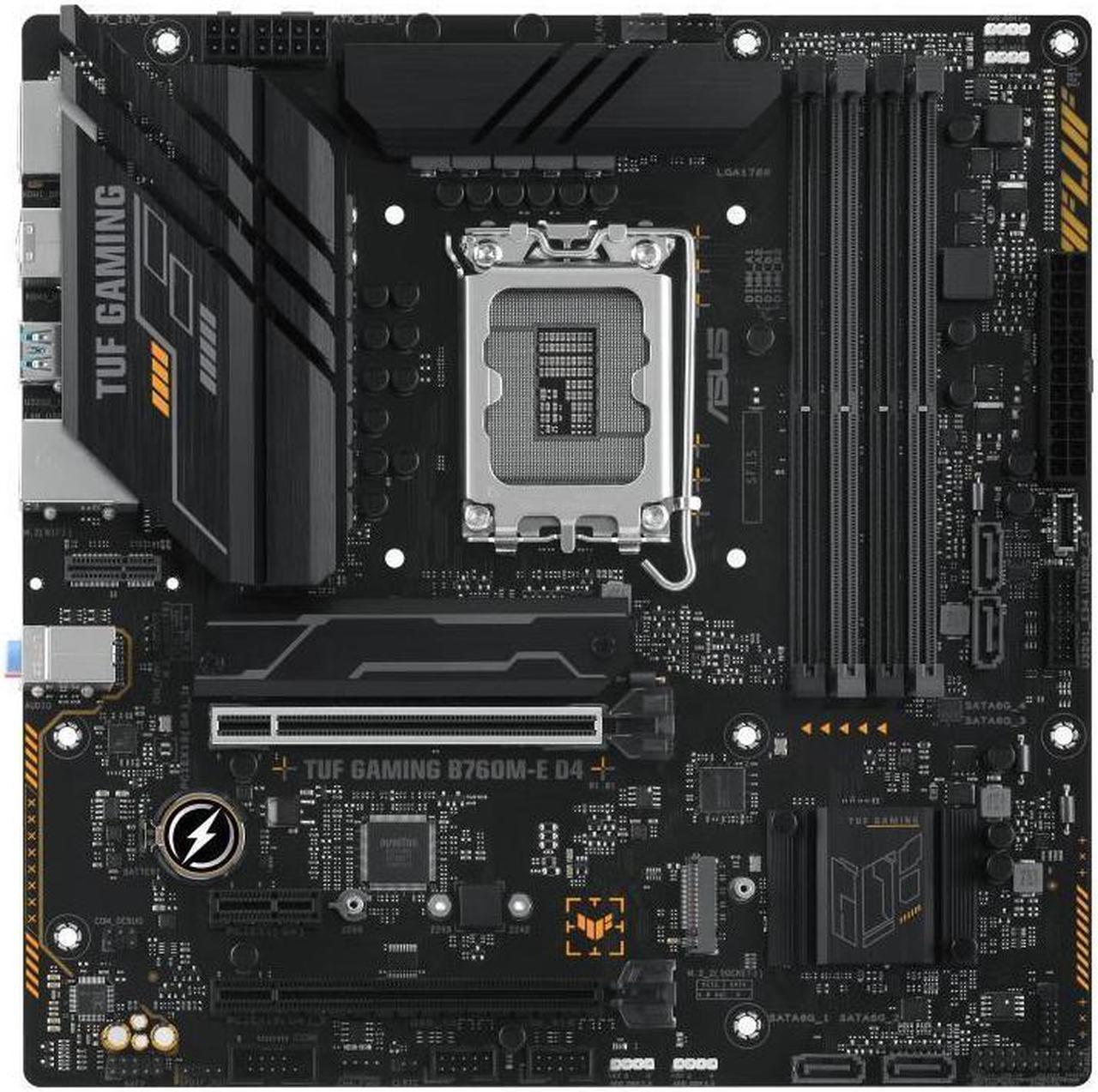 ASUS TUF GAMING B760M-E D4 Intel LGA1700 mATX Motherboard 128GB, 4xDDR4, 1 x PCIe 4.0 x16 slot, 2 x M.2 slots,4 x SATA,1xHDMI, 1xDP, 2.5Gb Ethernet