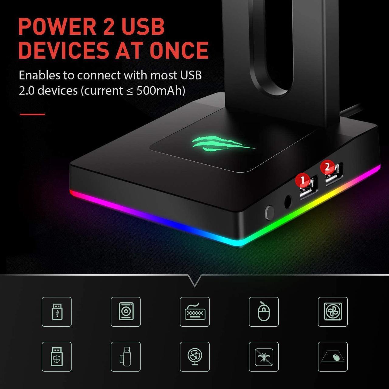 Alt view image 5 of 7 - RGB Headphones Stand with 3.5mm AUX and 2 USB Ports, Headphone Holder for Gamers Gaming PC Accessories