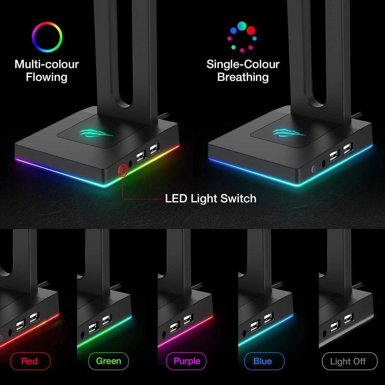 Alt view image 6 of 7 - RGB Headphones Stand with 3.5mm AUX and 2 USB Ports, Headphone Holder for Gamers Gaming PC Accessories