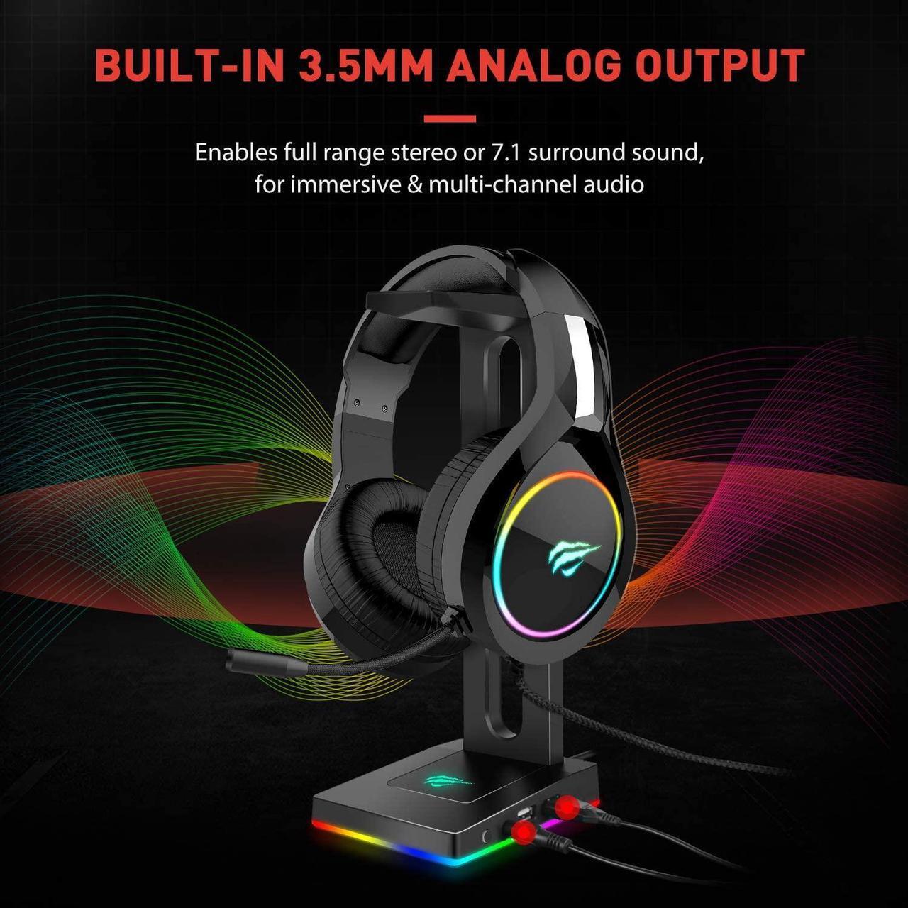Alt view image 7 of 7 - RGB Headphones Stand with 3.5mm AUX and 2 USB Ports, Headphone Holder for Gamers Gaming PC Accessories