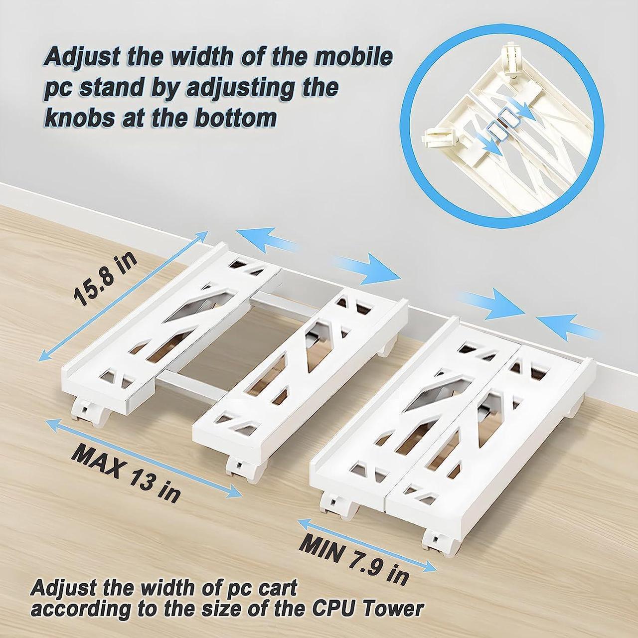 Alt view image 3 of 6 - Computer Tower Stand, Adjustable CPU Stand Cart, Mobile PC Stand with Rolling Casters, CPU Raise Fits Most PC Gaming Office Desk Accessories - White