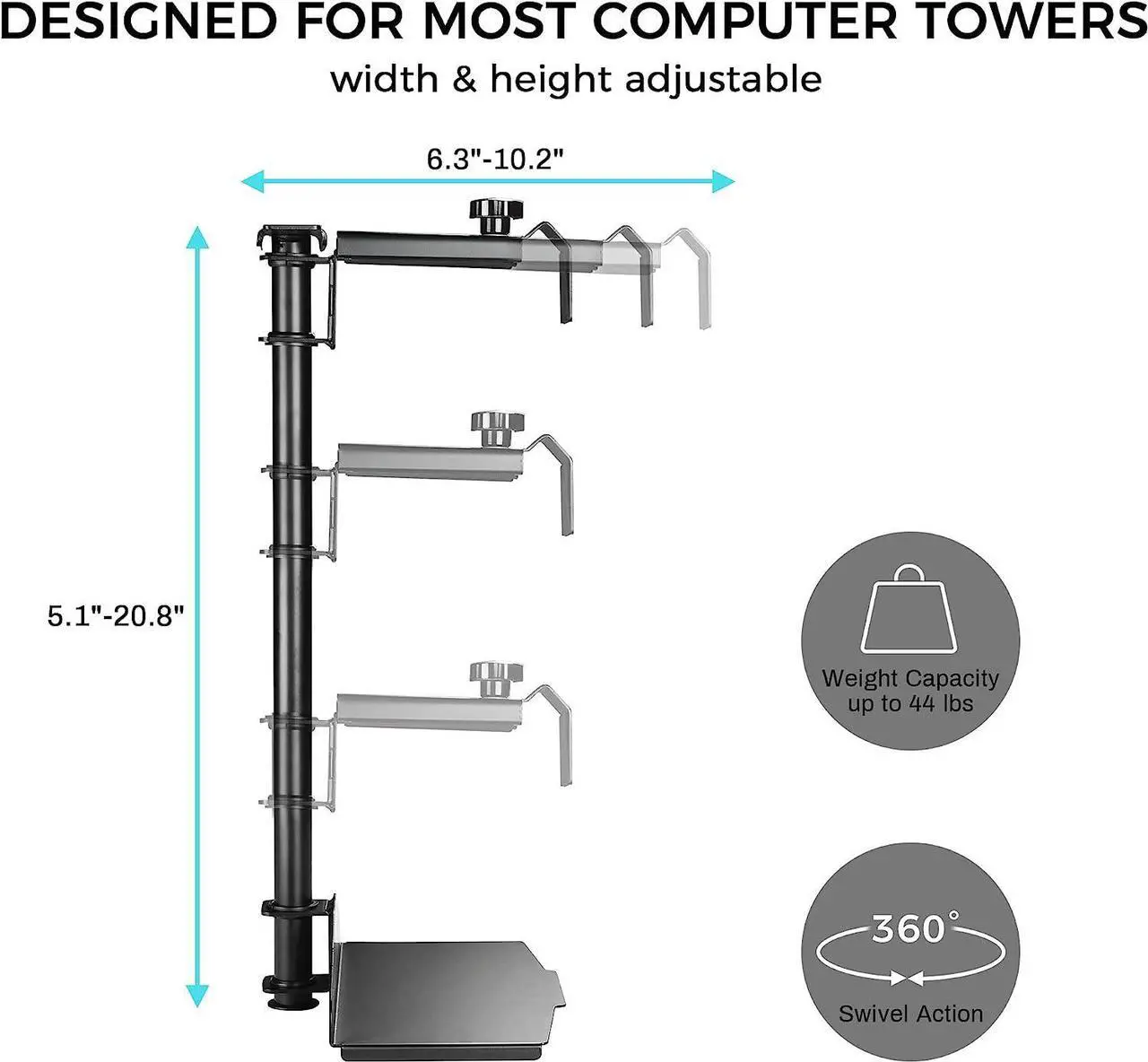 Alt view image 4 of 7 - CPU Holder Under Desk Mount, Computer Tower Holder 360° Swivel Height & Width Adjustable, Holds up to 44 lbs, Fits Most Computer Tower, Black