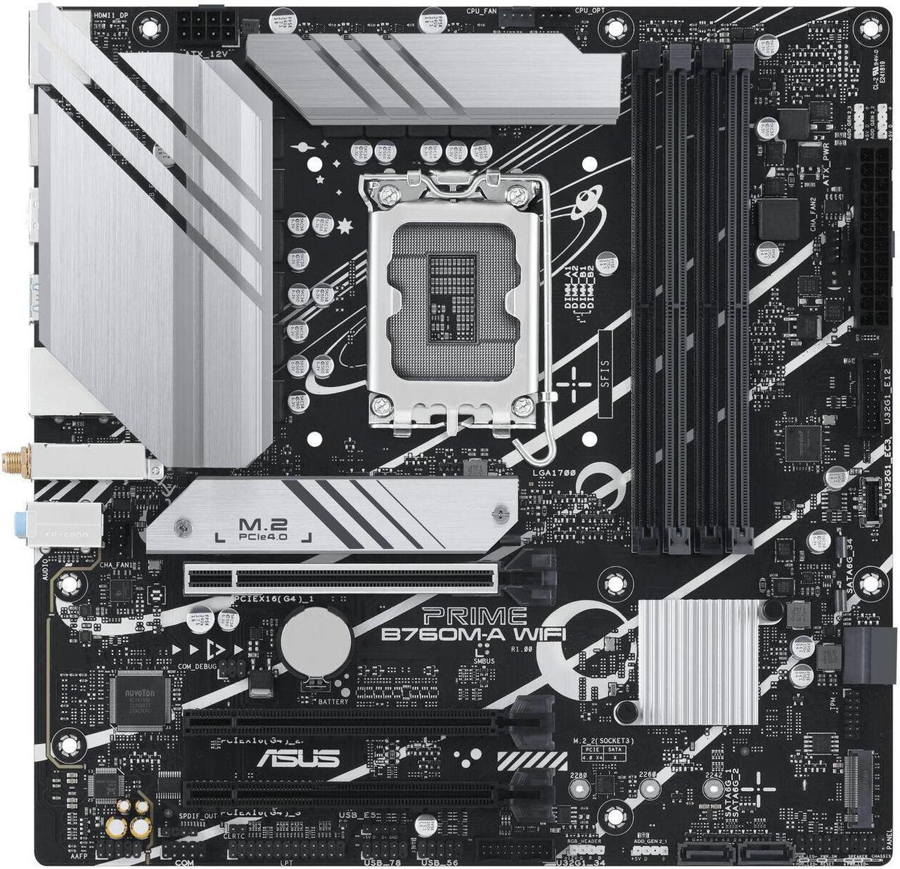 ASUS PRIME B760M-A WIFI (LGA 1700) mATX mortheboard with PCIe 4.0, DDR5, two M.2 slots, Realtek 2.5Gb Ethernet, Wi-Fi 6, DP/HDMI, SATA 6 Gbps, rear USB 3.2 Gen 2, front USB 3.2 Gen 1 Type-C, Aura Sync