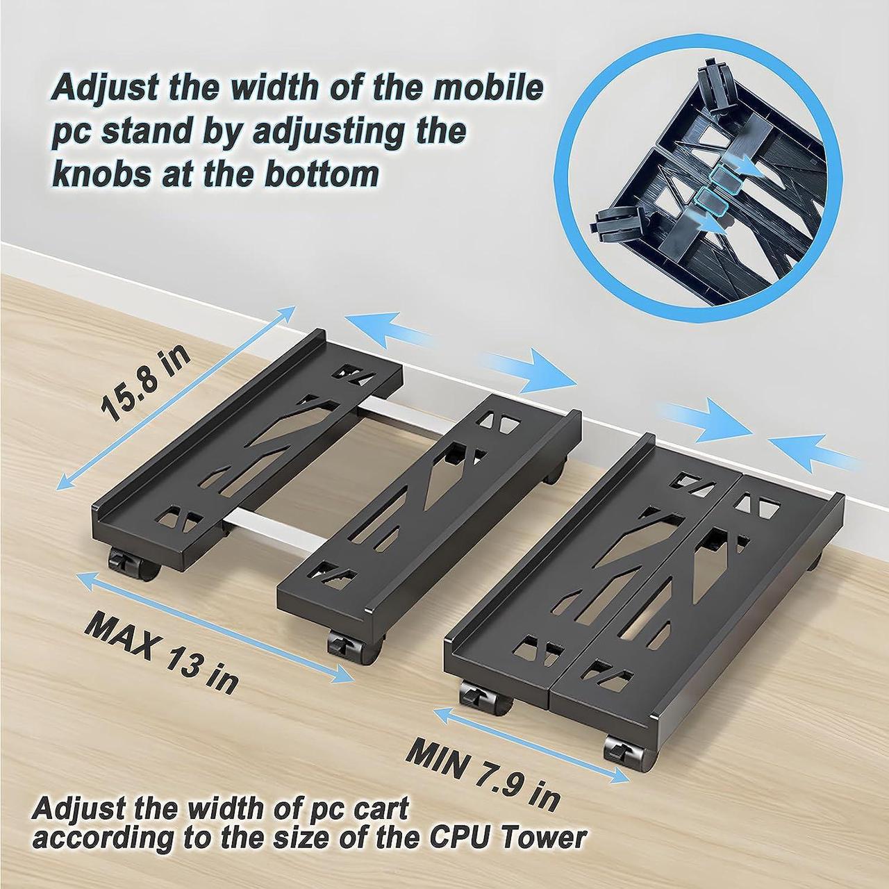 Alt view image 3 of 7 - Computer Tower Stand, Adjustable CPU Stand Cart, Mobile PC Stand with Rolling Casters, CPU Raise Fits Most PC Gaming Office Desk Accessories - Black