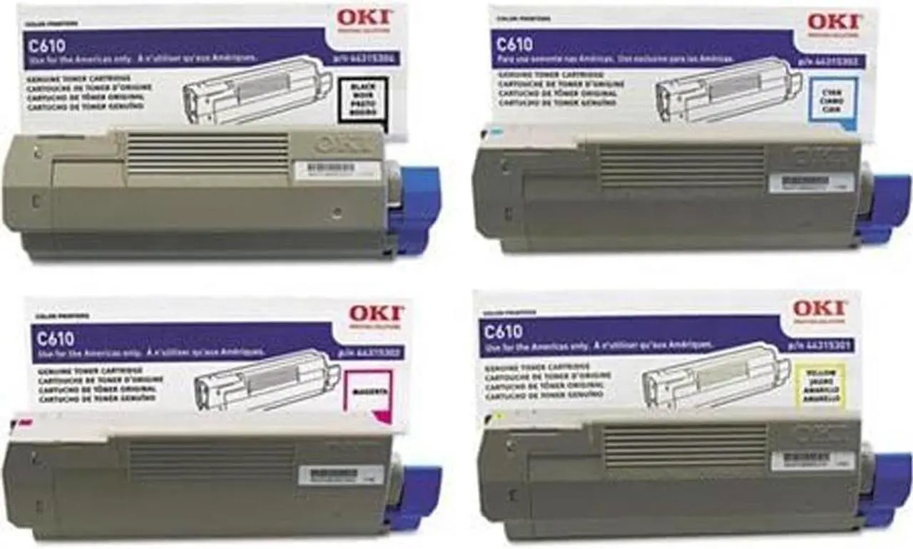 Main image of OKI Toner Set for C610 Series Printers. Full Set of 4 Genuine OKI Toner Cartridges. 44315301 Yellow, 44315302 Magenta, 44315303 Cyan, 44315304 Black. Type C15 - 6K Yield on colors, 8K Yield on Black