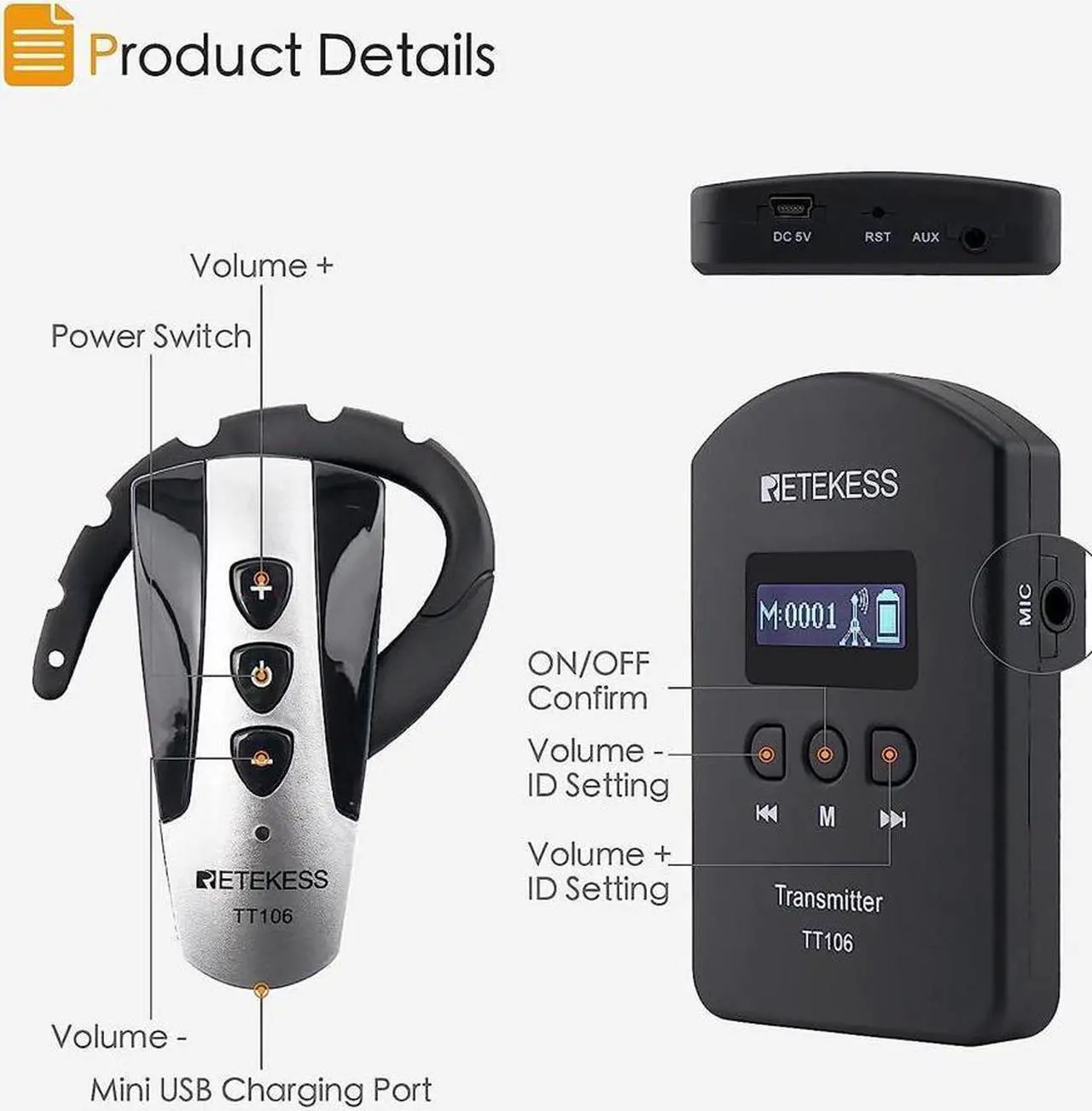 Alt view image 6 of 7 - Case of 2 Transmitters 30 Receivers 1 Charging Case,Retekess TT106,Wireless Tour Guide System,492ft,Church Translation System,Language Translator for Church Service(Need Interpreter)