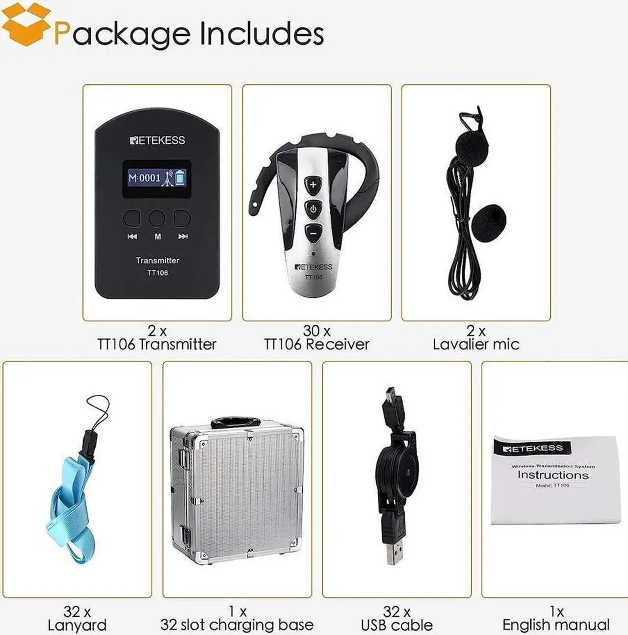 Alt view image 7 of 7 - Case of 2 Transmitters 30 Receivers 1 Charging Case,Retekess TT106,Wireless Tour Guide System,492ft,Church Translation System,Language Translator for Church Service(Need Interpreter)