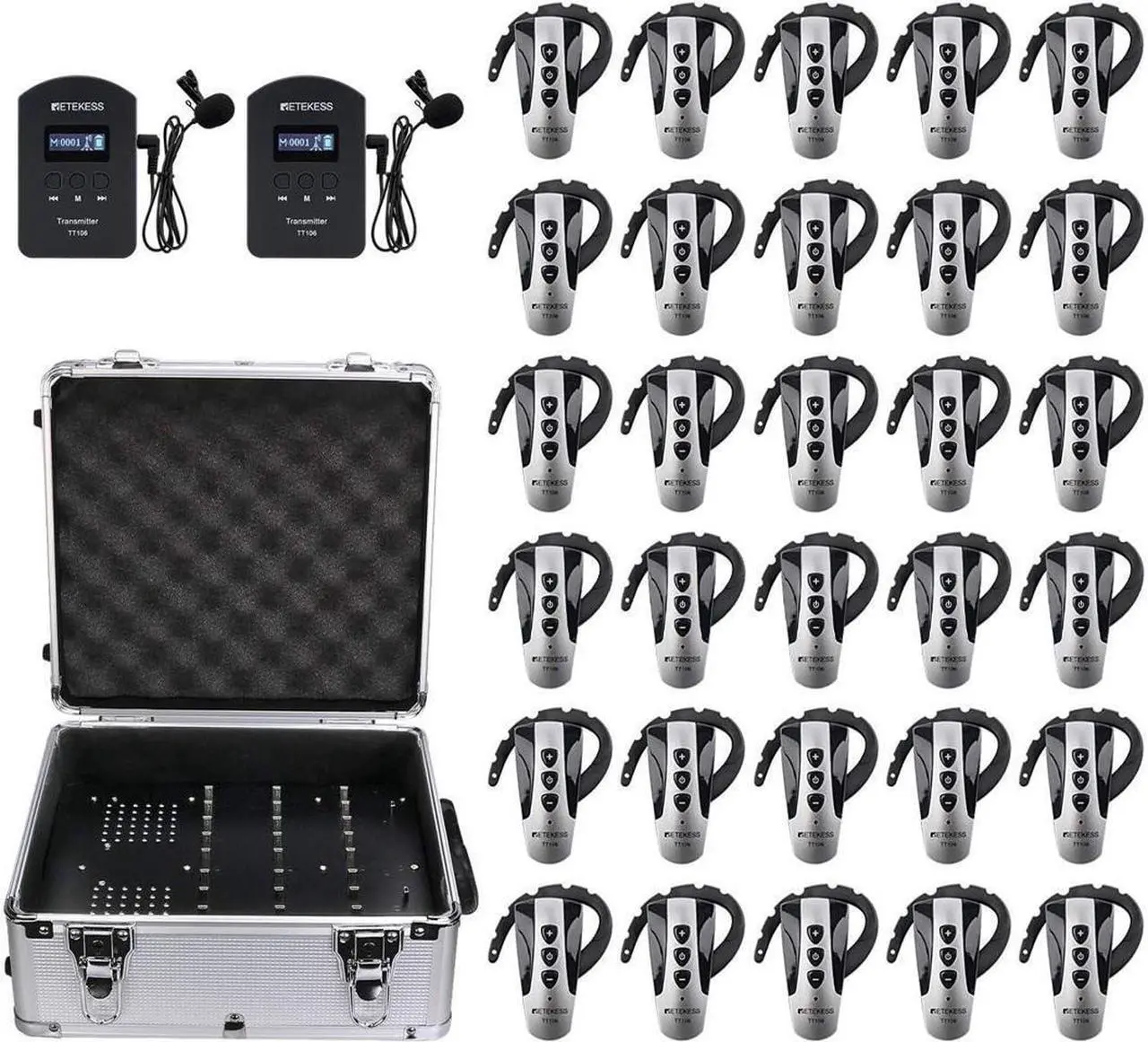 Main image of Case of 2 Transmitters 30 Receivers 1 Charging Case,Retekess TT106,Wireless Tour Guide System,492ft,Church Translation System,Language Translator for Church Service(Need Interpreter)