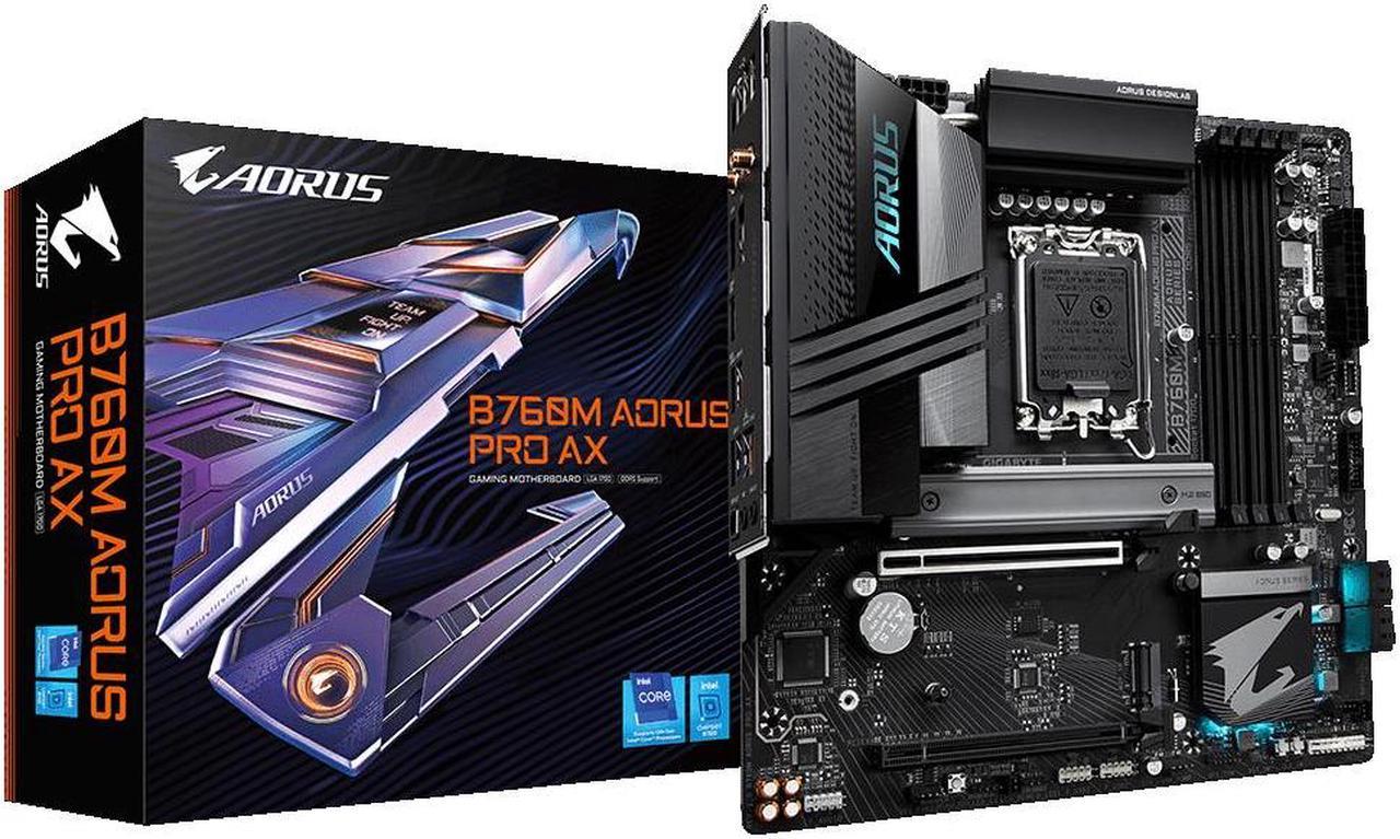 GIGABYTE B760M AORUS Pro AX (LGA 1700/ Intel/ B760/ M-ATX/ DDR5/ Dual M.2/ PCIe 4.0/ USB 3.2 Gen2X2 Type-C/Intel Wi-Fi 6E/ 2.5GbE LAN/Q-Flash Plus/PCIe EZ-Latch/Gaming Motherboard)