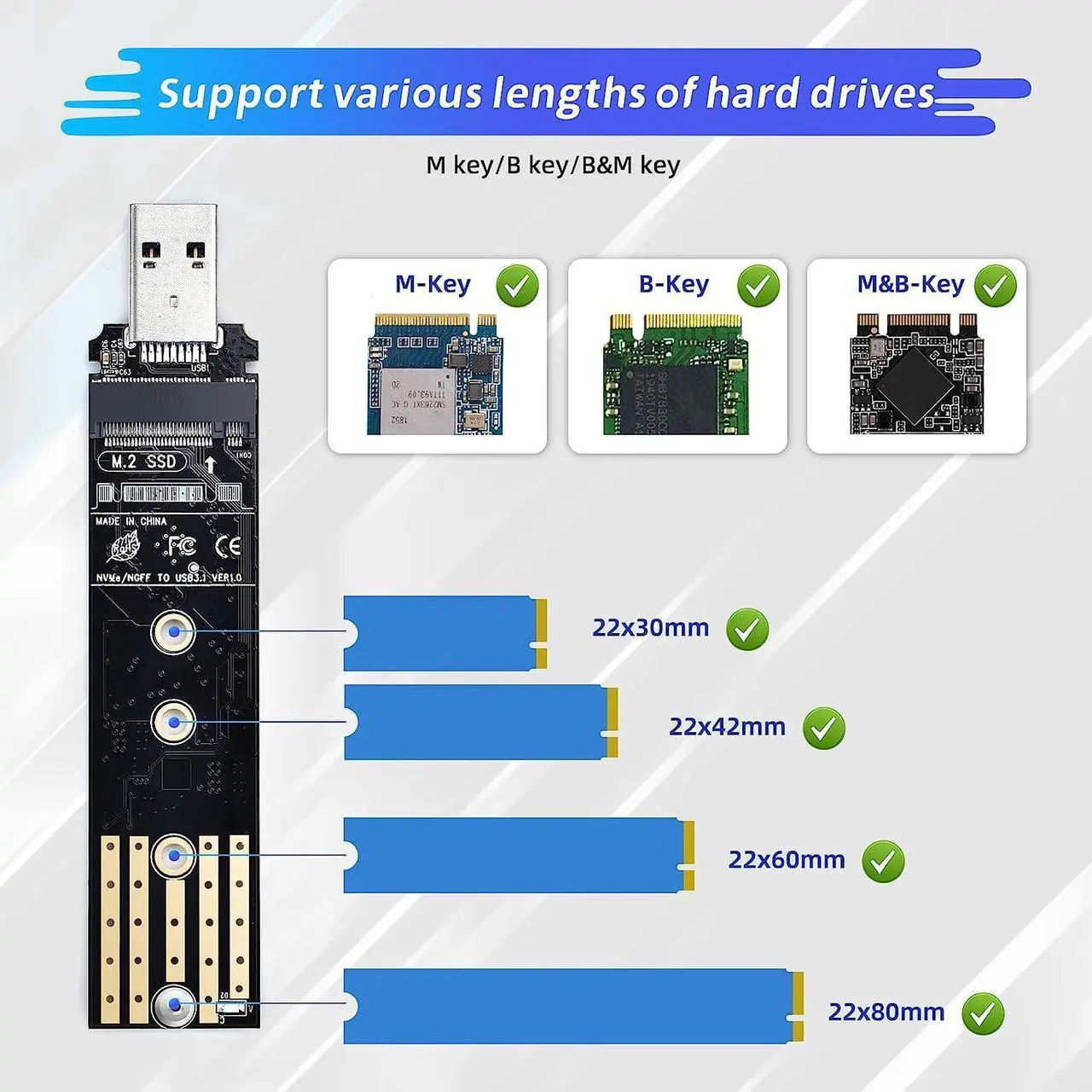 Alt view image 5 of 7 - M.2 to USB Adapter M.2 NVME/NGFF Hard Drive USB3.1 Gen2 10Gbps USB to NVME PCI-E Converter Reader M Key & B+M Key Support UASP for 2280 2260 2242 2230 SSD (M.2 NVME&NGFF)