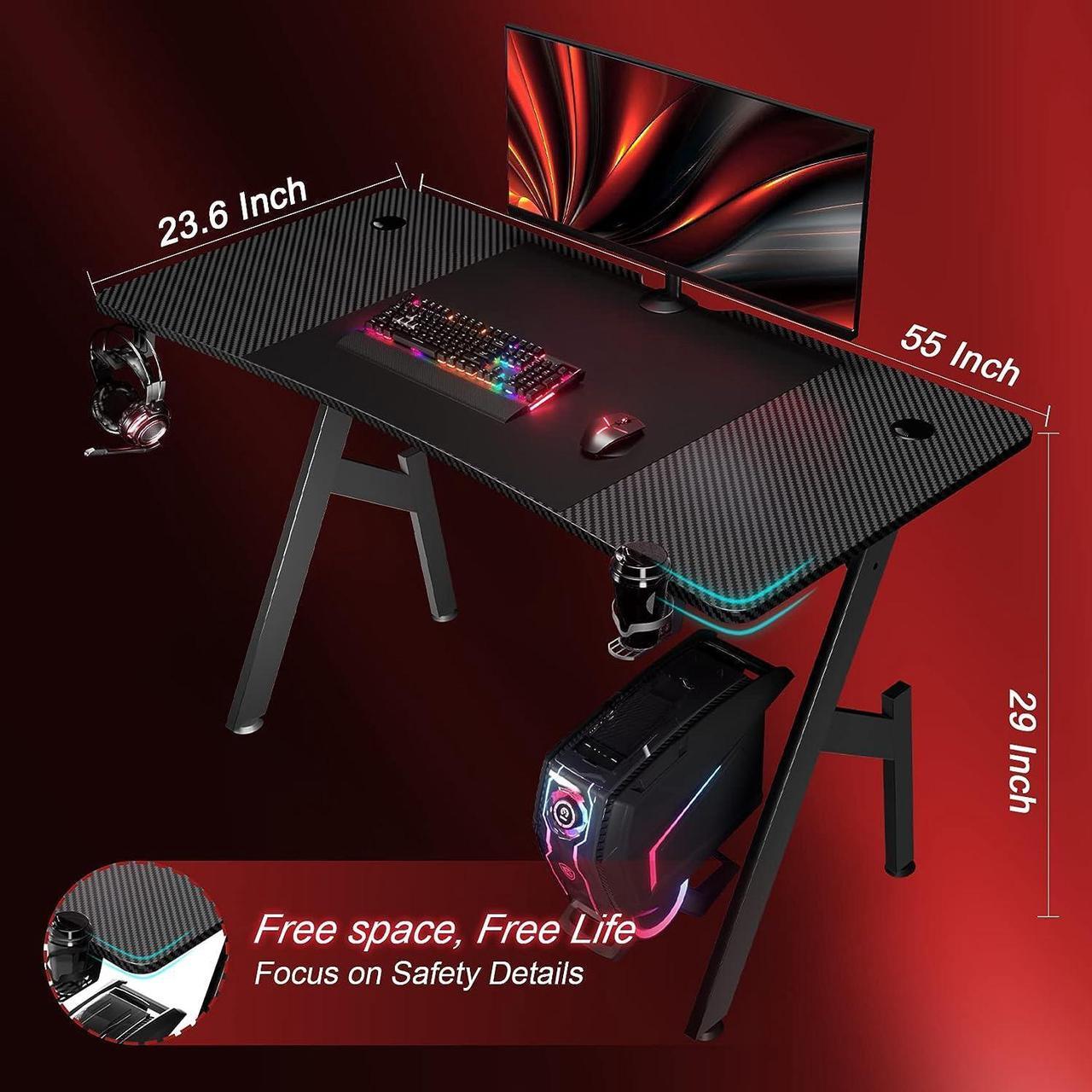 Alt view image 3 of 6 - 55 Inch Gaming Desk with Carbon Fibre Surface Large Computer Desk Gaming Table Ergonomic Pc Gaming Workstation Home Office Desks with Cup Holder & Headphone Hook