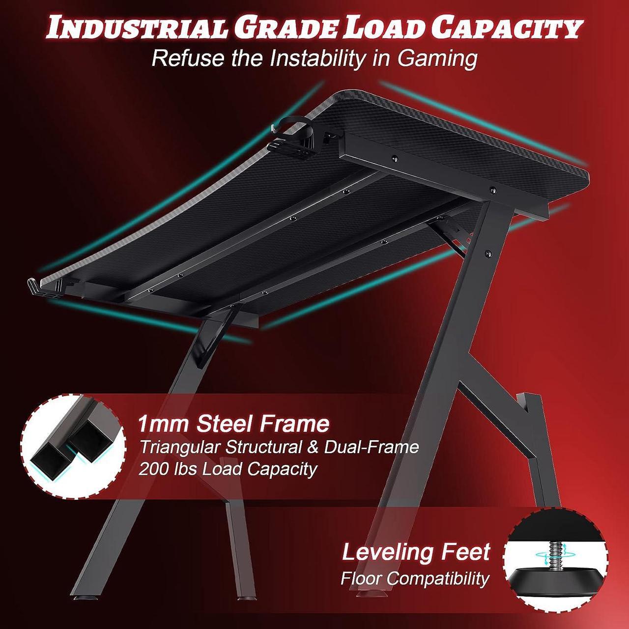 Alt view image 5 of 6 - 55 Inch Gaming Desk with Carbon Fibre Surface Large Computer Desk Gaming Table Ergonomic Pc Gaming Workstation Home Office Desks with Cup Holder & Headphone Hook