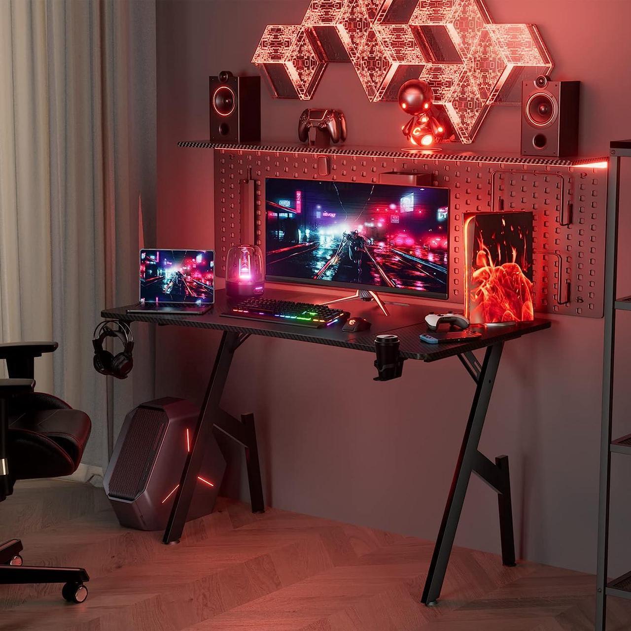Alt view image 2 of 6 - 55 Inch Gaming Desk with Carbon Fibre Surface Large Computer Desk Gaming Table Ergonomic Pc Gaming Workstation Home Office Desks with Cup Holder & Headphone Hook