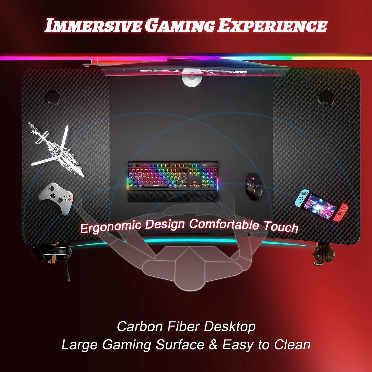 Alt view image 4 of 6 - 55 Inch Gaming Desk with Carbon Fibre Surface Large Computer Desk Gaming Table Ergonomic Pc Gaming Workstation Home Office Desks with Cup Holder & Headphone Hook