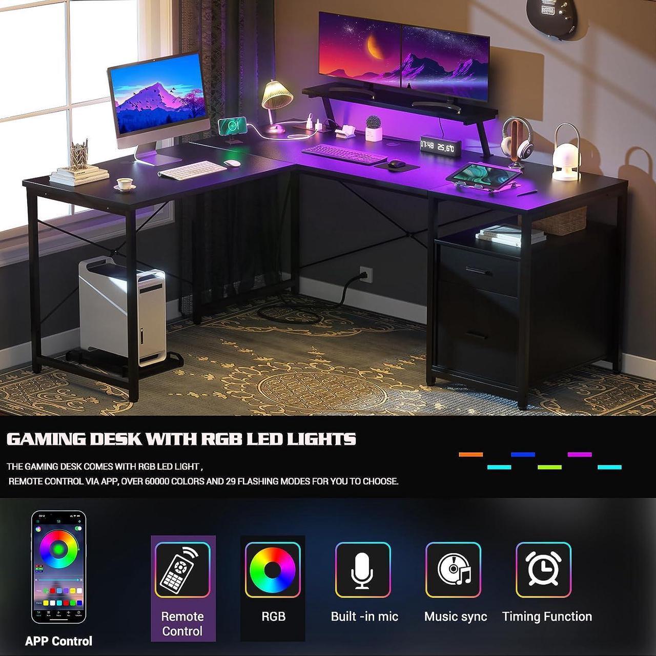 Alt view image 5 of 7 - 63" L-Shaped Desk with Power Outlet and LED Strip, L Shaped Computer Corner Desk with Reversible File Drawer and Monitor Stand, Gaming Table Writing Desk for Home Office Workstation, Black