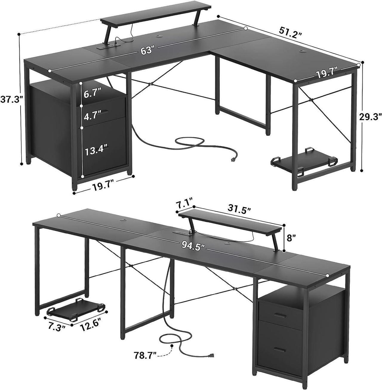 Alt view image 3 of 7 - 63" L-Shaped Desk with Power Outlet and LED Strip, L Shaped Computer Corner Desk with Reversible File Drawer and Monitor Stand, Gaming Table Writing Desk for Home Office Workstation, Black