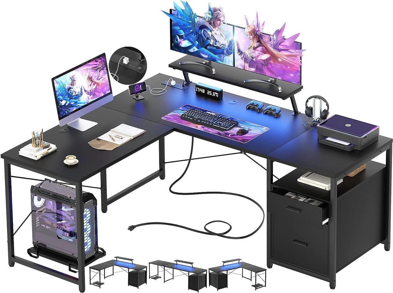 Main image of 63" L-Shaped Desk with Power Outlet and LED Strip, L Shaped Computer Corner Desk with Reversible File Drawer and Monitor Stand, Gaming Table Writing Desk for Home Office Workstation, Black