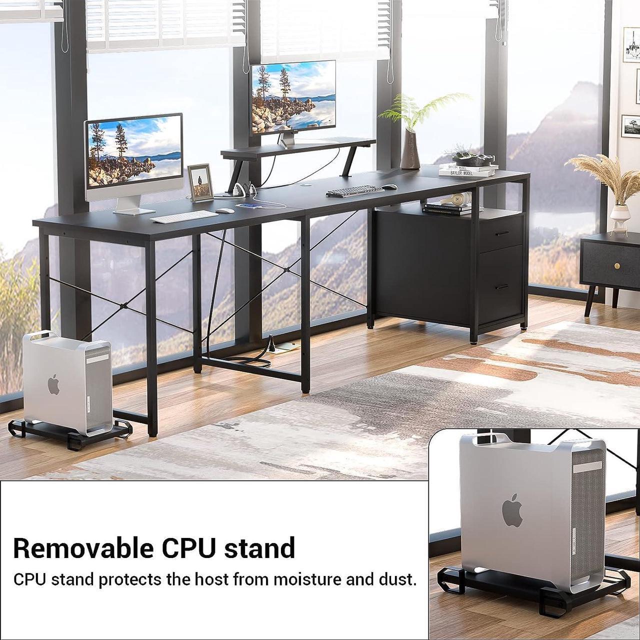 Alt view image 6 of 7 - 63" L-Shaped Desk with Power Outlet and LED Strip, L Shaped Computer Corner Desk with Reversible File Drawer and Monitor Stand, Gaming Table Writing Desk for Home Office Workstation, Black