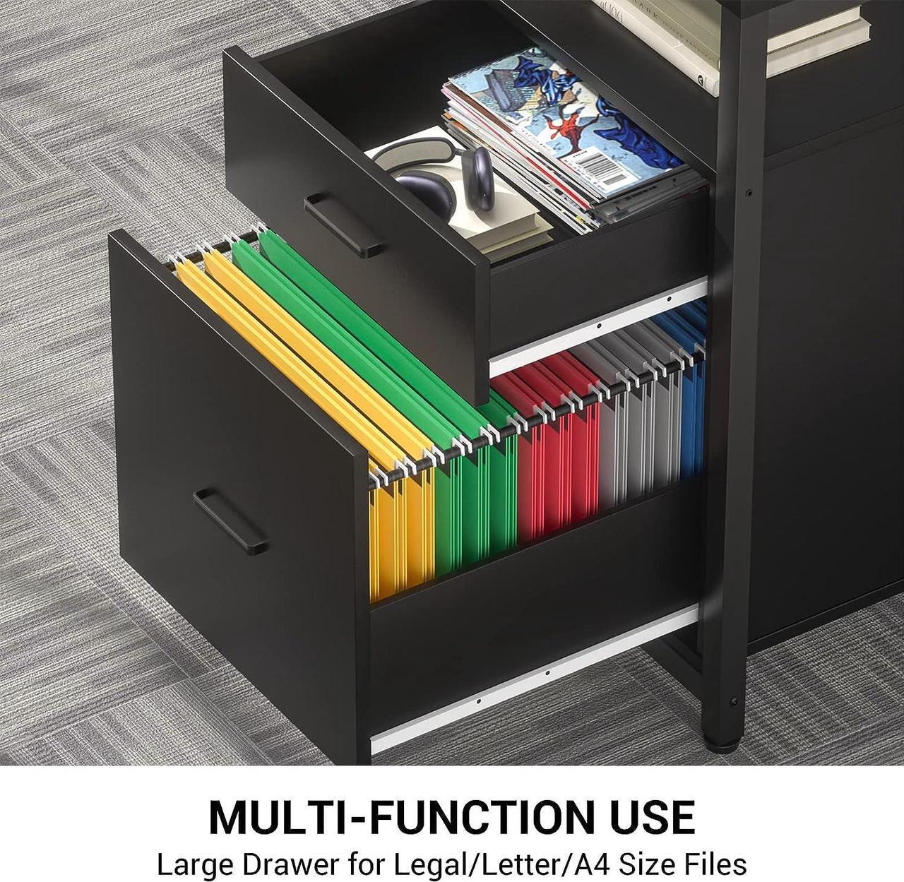 Alt view image 7 of 7 - 63" L-Shaped Desk with Power Outlet and LED Strip, L Shaped Computer Corner Desk with Reversible File Drawer and Monitor Stand, Gaming Table Writing Desk for Home Office Workstation, Black