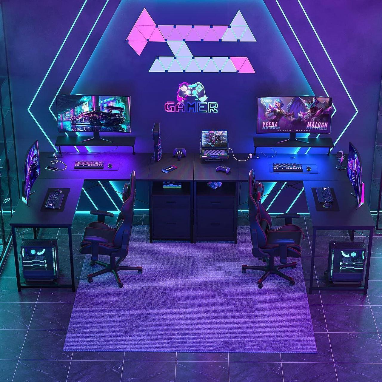Alt view image 2 of 7 - 63" L-Shaped Desk with Power Outlet and LED Strip, L Shaped Computer Corner Desk with Reversible File Drawer and Monitor Stand, Gaming Table Writing Desk for Home Office Workstation, Black