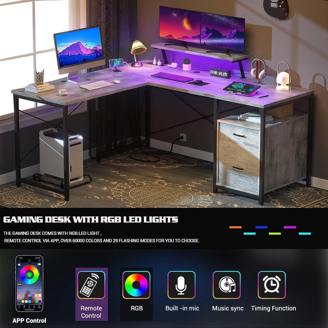 Alt view image 4 of 7 - 63" L-Shaped Desk with Power Outlet and LED Strip, L Shaped Computer Corner Desk with Reversible File Drawer and Monitor Stand, Gaming Table Writing Desk for Home Office Workstation, White Oak