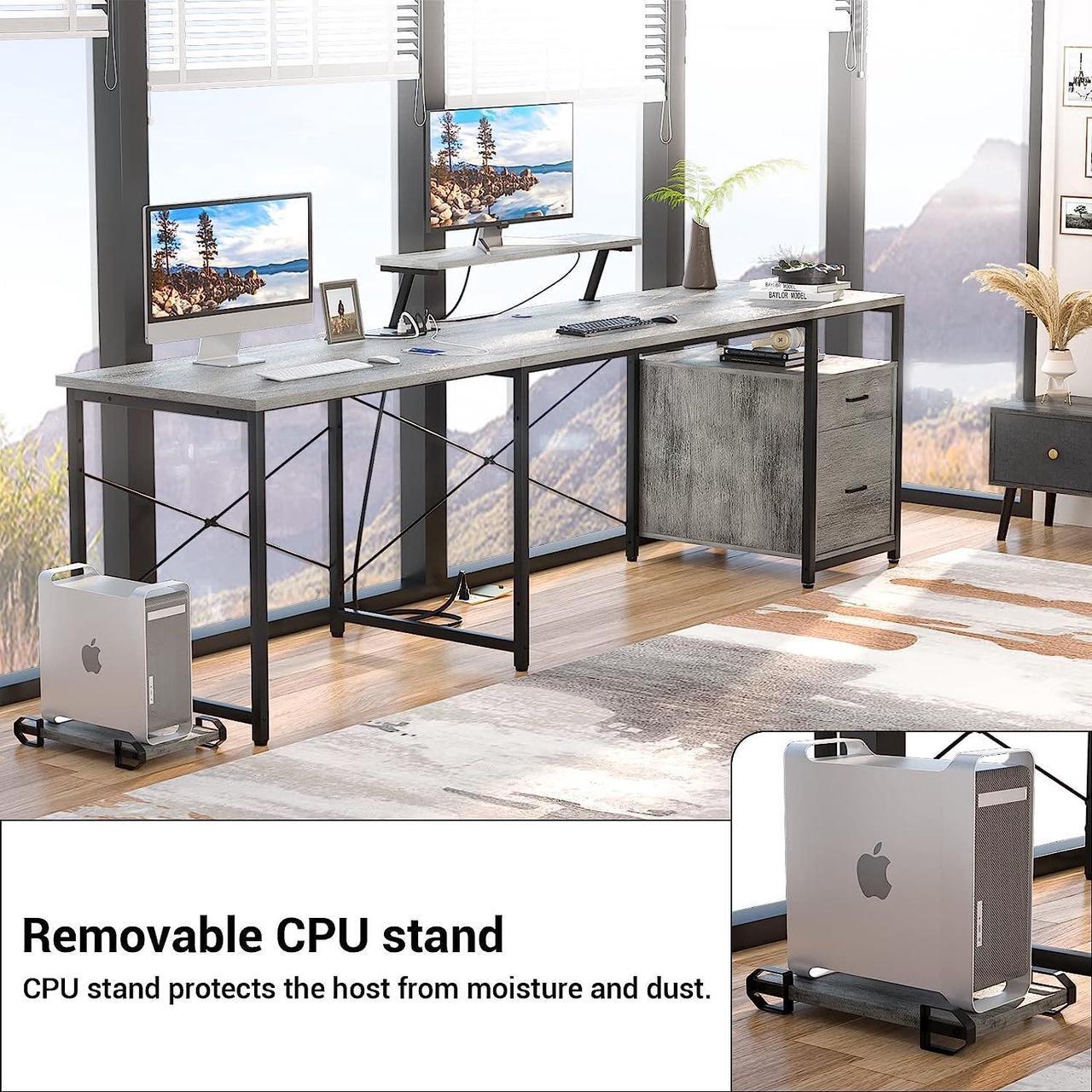 Alt view image 6 of 7 - 63" L-Shaped Desk with Power Outlet and LED Strip, L Shaped Computer Corner Desk with Reversible File Drawer and Monitor Stand, Gaming Table Writing Desk for Home Office Workstation, White Oak
