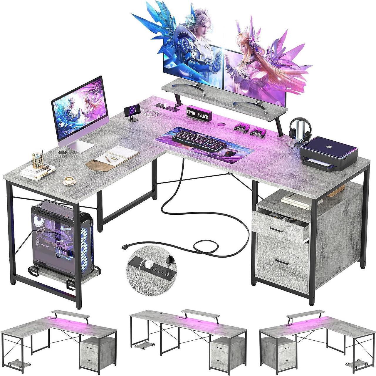 Main image of 63" L-Shaped Desk with Power Outlet and LED Strip, L Shaped Computer Corner Desk with Reversible File Drawer and Monitor Stand, Gaming Table Writing Desk for Home Office Workstation, White Oak