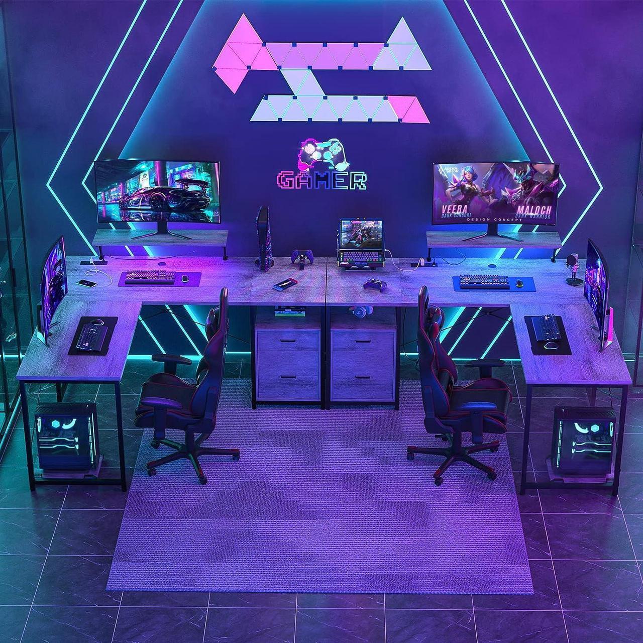 Alt view image 2 of 7 - 63" L-Shaped Desk with Power Outlet and LED Strip, L Shaped Computer Corner Desk with Reversible File Drawer and Monitor Stand, Gaming Table Writing Desk for Home Office Workstation, White Oak
