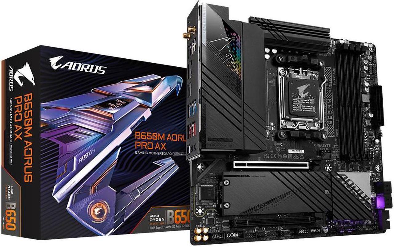 GIGABYTE B650M AORUS PRO AX (AM5, AMD B650, Micro ATX , DDR5, PCIe 5.0 ,M.2 ,2.5GbE LAN & Wi-Fi 6E ,USB 3.2 Gen 2 Type-C, Q-Flash Plus, EZ-Latch)