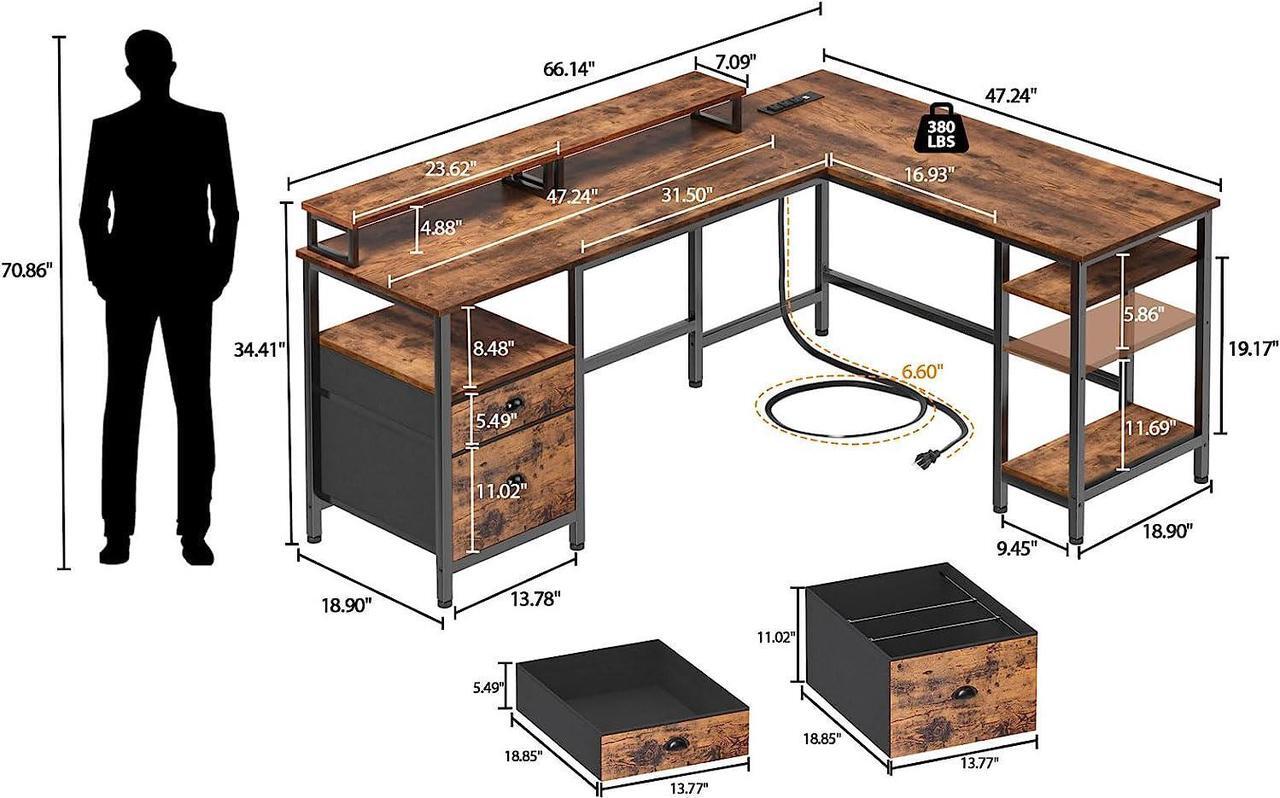 Alt view image 2 of 7 - 66 L Shaped Desk with Power Outlet, Computer Desk with File Drawer & 2 Monitor Stands, Home Office Desk with Storage Shelves, Corner Desk for Gaming Writing, Work Study Table, Rustic Brown