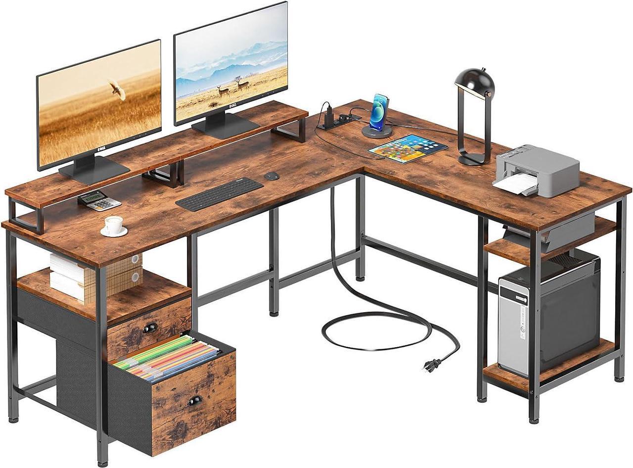 Main image of 66 L Shaped Desk with Power Outlet, Computer Desk with File Drawer & 2 Monitor Stands, Home Office Desk with Storage Shelves, Corner Desk for Gaming Writing, Work Study Table, Rustic Brown