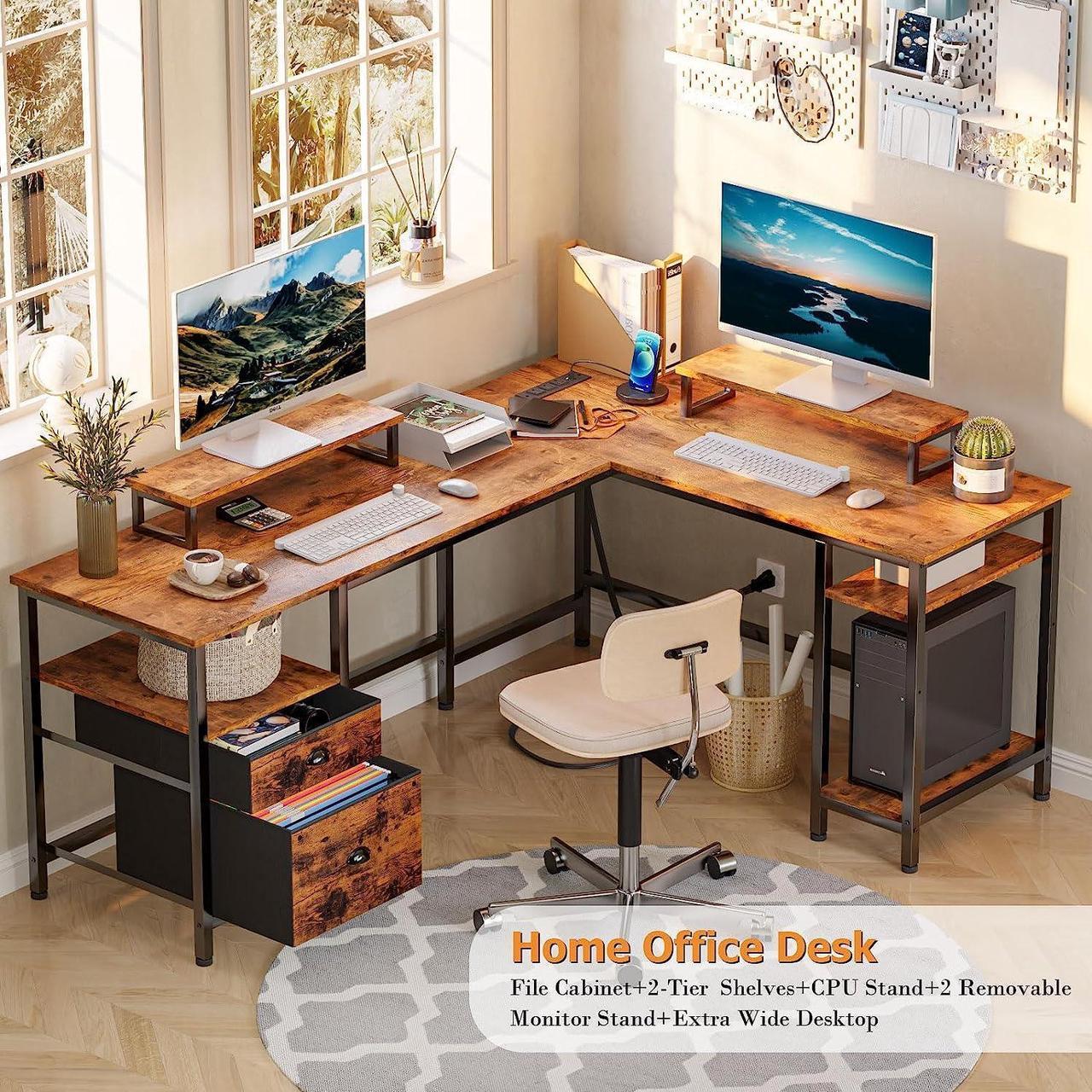 Alt view image 3 of 7 - 66 L Shaped Desk with Power Outlet, Computer Desk with File Drawer & 2 Monitor Stands, Home Office Desk with Storage Shelves, Corner Desk for Gaming Writing, Work Study Table, Rustic Brown