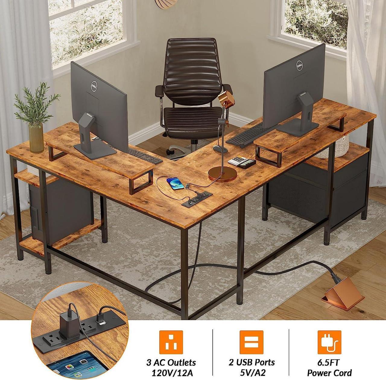 Alt view image 4 of 7 - 66 L Shaped Desk with Power Outlet, Computer Desk with File Drawer & 2 Monitor Stands, Home Office Desk with Storage Shelves, Corner Desk for Gaming Writing, Work Study Table, Rustic Brown