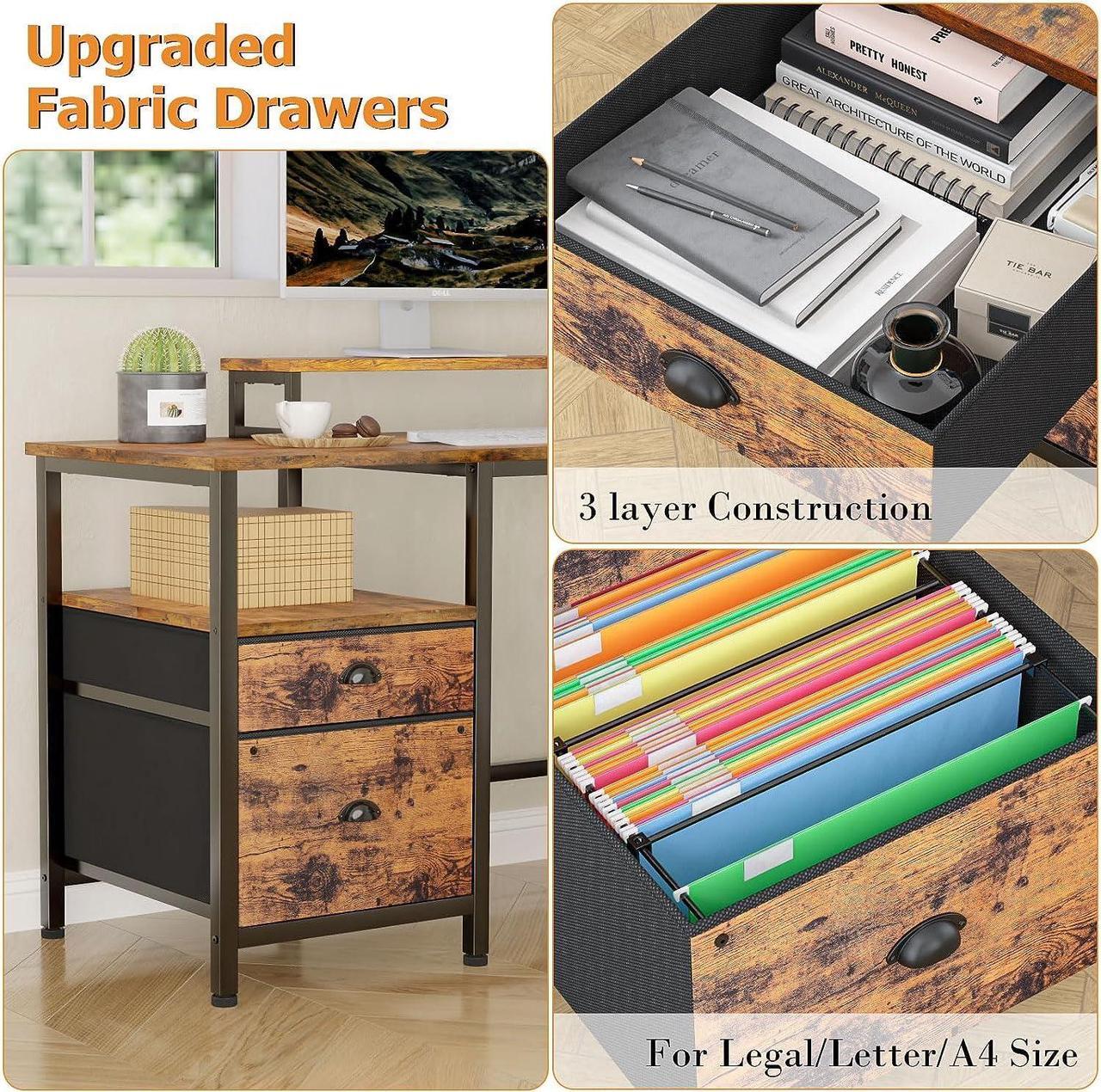 Alt view image 7 of 7 - 66 L Shaped Desk with Power Outlet, Computer Desk with File Drawer & 2 Monitor Stands, Home Office Desk with Storage Shelves, Corner Desk for Gaming Writing, Work Study Table, Rustic Brown