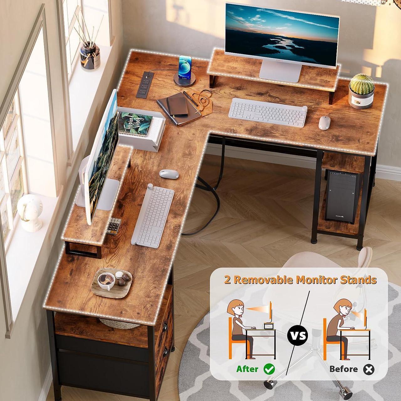 Alt view image 5 of 7 - 66 L Shaped Desk with Power Outlet, Computer Desk with File Drawer & 2 Monitor Stands, Home Office Desk with Storage Shelves, Corner Desk for Gaming Writing, Work Study Table, Rustic Brown