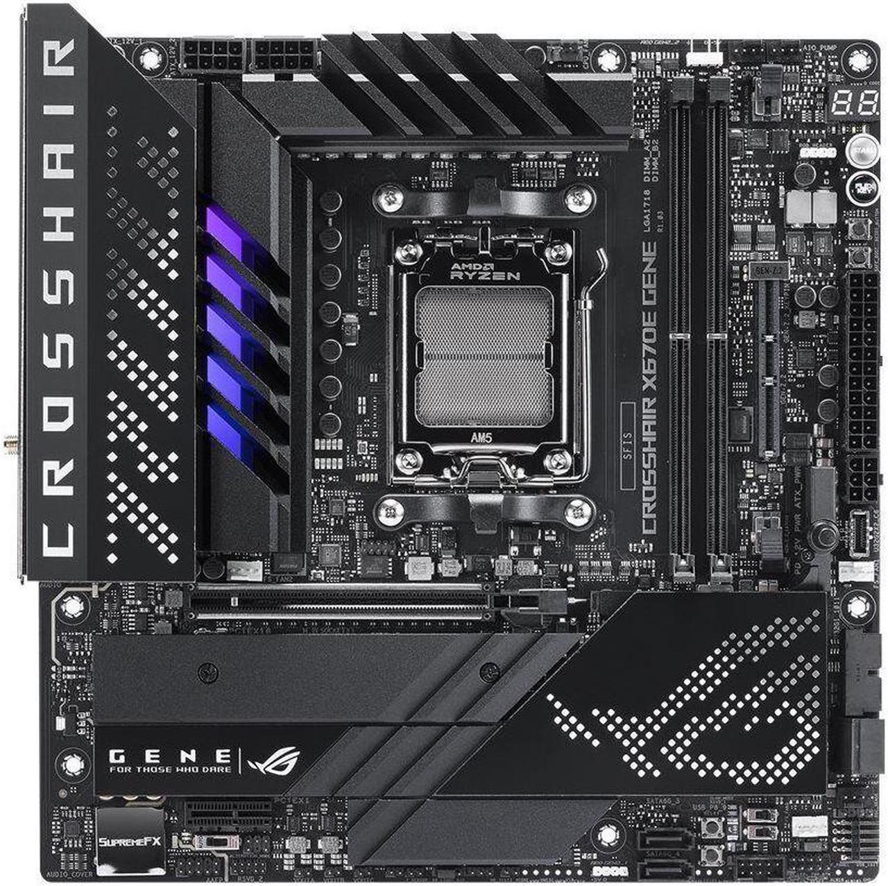 Main image of ASUS ROG CROSSHAIR X670E GENE (AM5, AMD X670,micro-ATX ,DDR5, 3 x M.2 slots 4 x SATA
6Gb/s ports, 2.5Gb Ethernet ,Wi-Fi 6E, USB 3.2 Gen 2 Type-C USB4, EZ Flash ,Aura Sync )