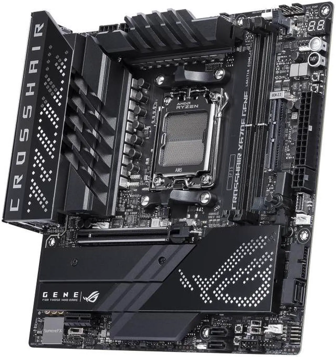 Alt view image 4 of 7 - ASUS ROG CROSSHAIR X670E GENE (AM5, AMD X670,micro-ATX ,DDR5, 3 x M.2 slots 4 x SATA
6Gb/s ports, 2.5Gb Ethernet ,Wi-Fi 6E, USB 3.2 Gen 2 Type-C USB4, EZ Flash ,Aura Sync )