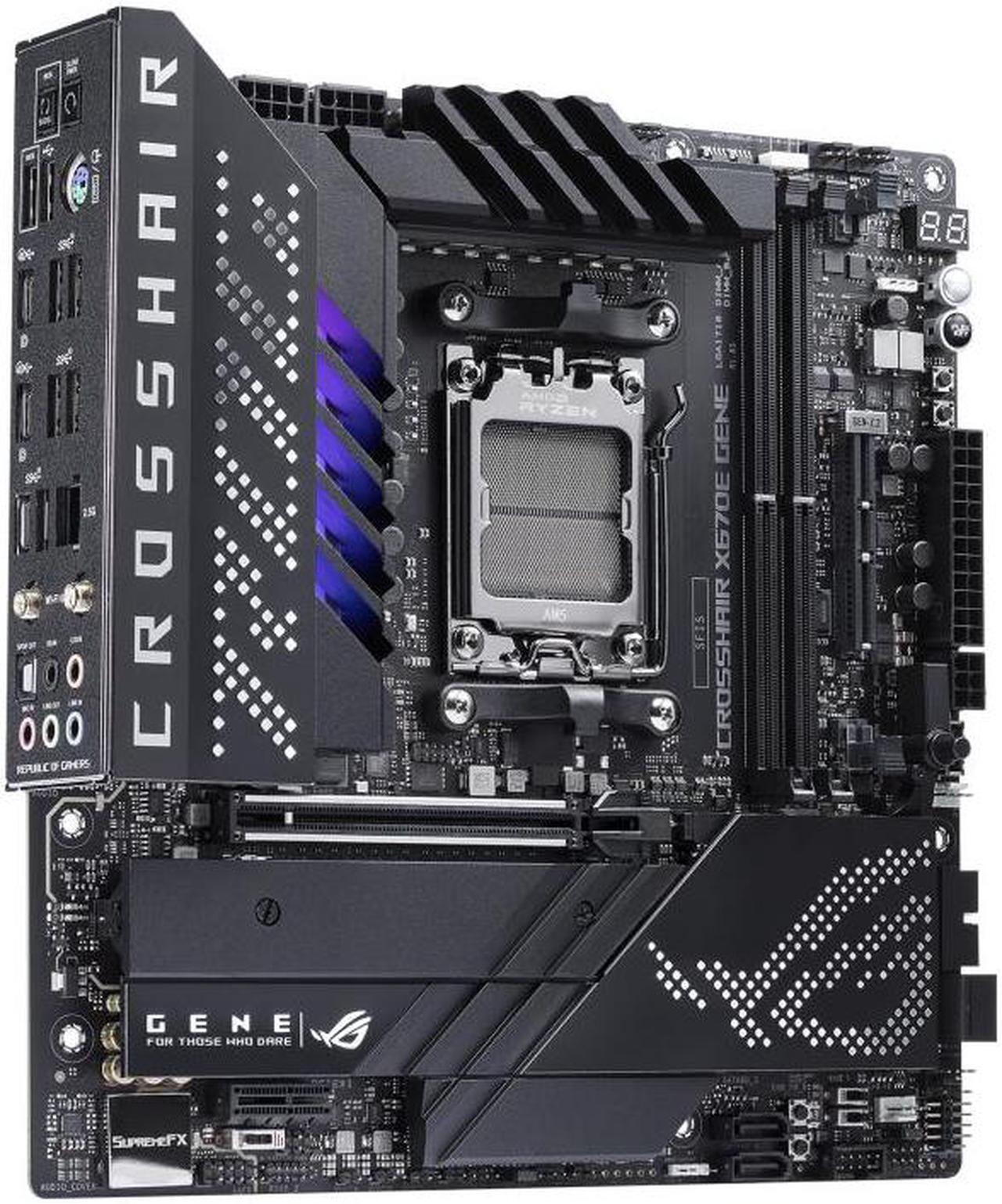 Alt view image 3 of 7 - ASUS ROG CROSSHAIR X670E GENE (AM5, AMD X670,micro-ATX ,DDR5, 3 x M.2 slots 4 x SATA
6Gb/s ports, 2.5Gb Ethernet ,Wi-Fi 6E, USB 3.2 Gen 2 Type-C USB4, EZ Flash ,Aura Sync )