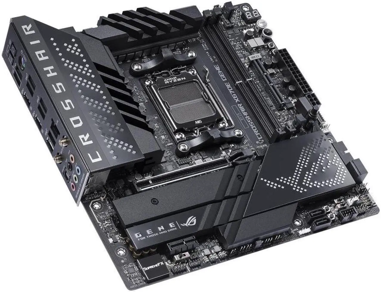 Alt view image 7 of 7 - ASUS ROG CROSSHAIR X670E GENE (AM5, AMD X670,micro-ATX ,DDR5, 3 x M.2 slots 4 x SATA
6Gb/s ports, 2.5Gb Ethernet ,Wi-Fi 6E, USB 3.2 Gen 2 Type-C USB4, EZ Flash ,Aura Sync )