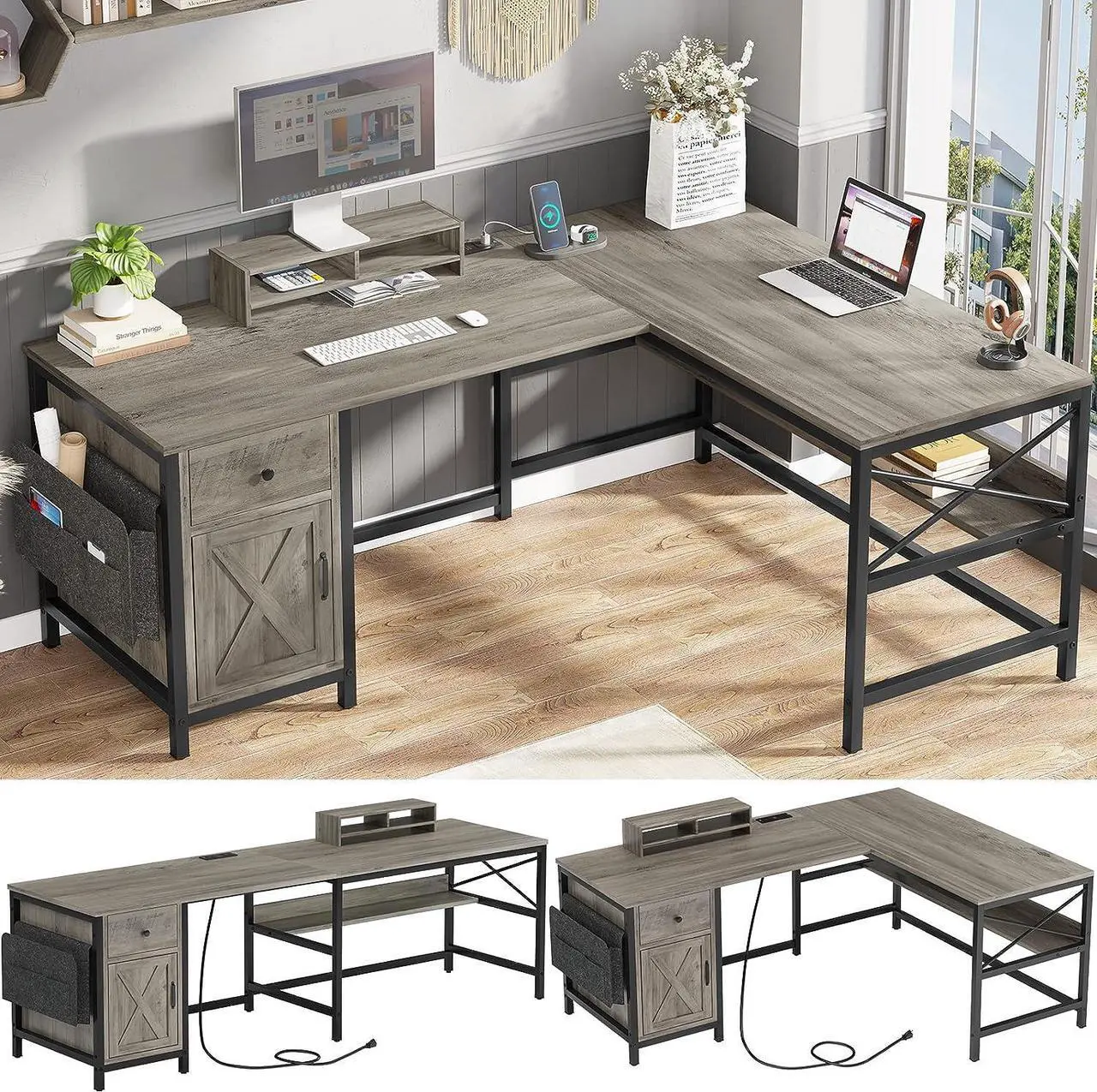 Main image of 63" L Shaped Desk, Convertible 86.6" Home Office Desk or Corner Desk, Office Computer Desk with Drawer, Power Strip, Storage Cabinet, Bookshelf & Monitor Stand, Retro Grey
