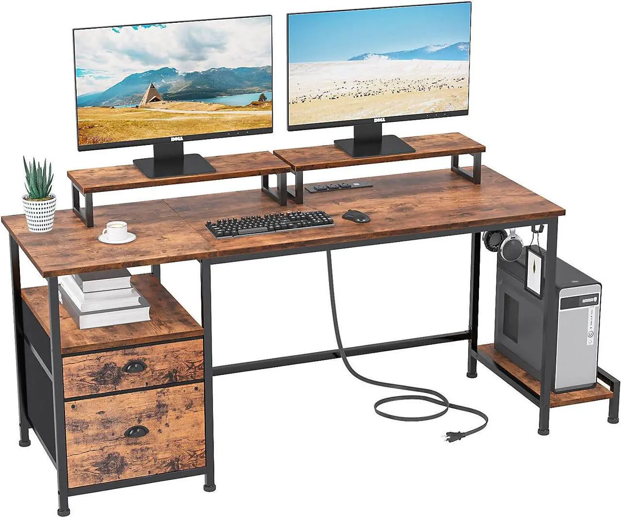 Main image of 55" Computer Desk with Drawer and Power Outlets,  Large Compter Desk with Fabric File Cabinet and 2 Movable Monitor Shelf, Writing Gaming Table with CPU Stand and 2 Hooks for Home Office, Rustic Brown