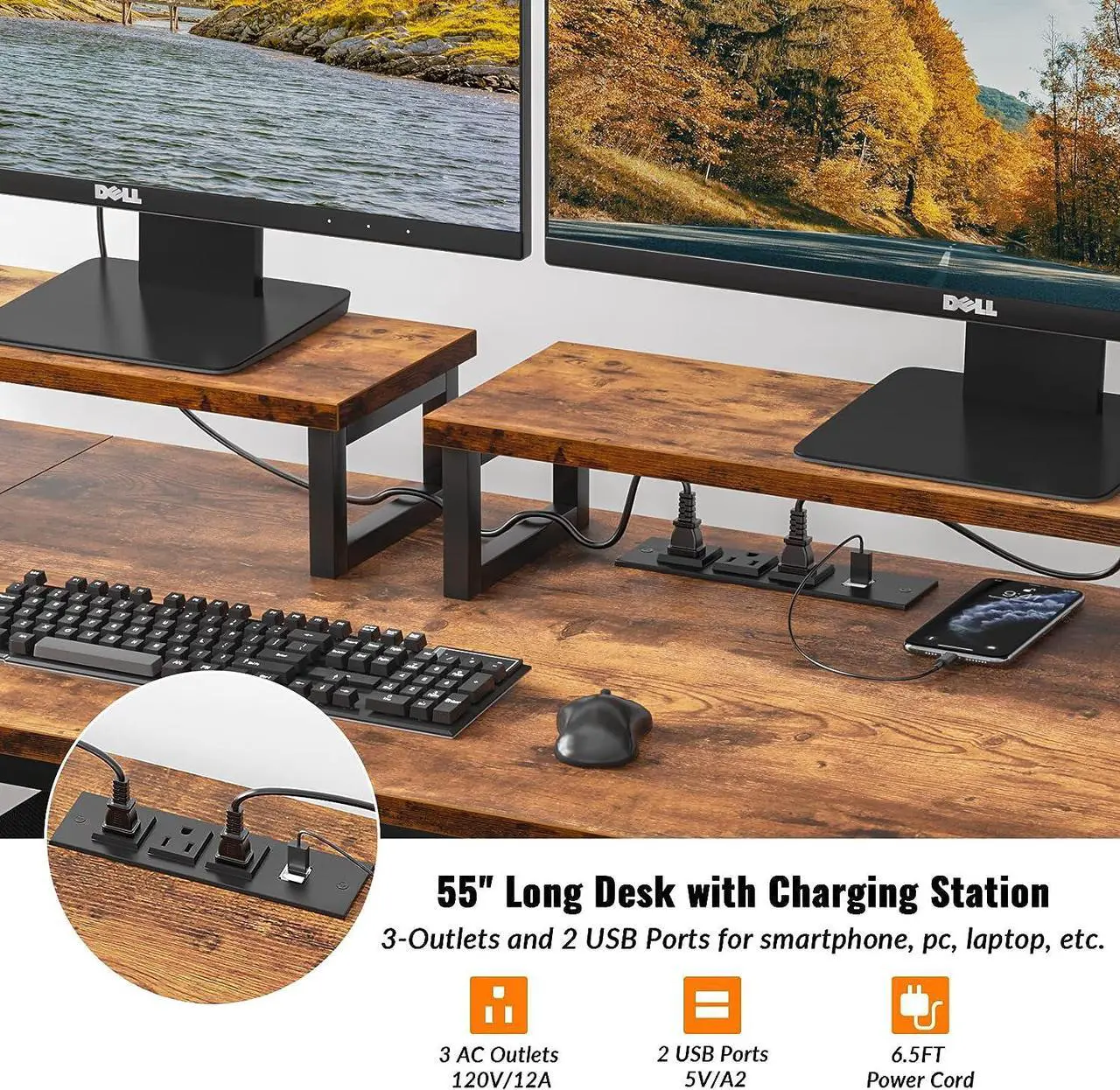 Alt view image 2 of 7 - 55" Computer Desk with Drawer and Power Outlets,  Large Compter Desk with Fabric File Cabinet and 2 Movable Monitor Shelf, Writing Gaming Table with CPU Stand and 2 Hooks for Home Office, Rustic Brown