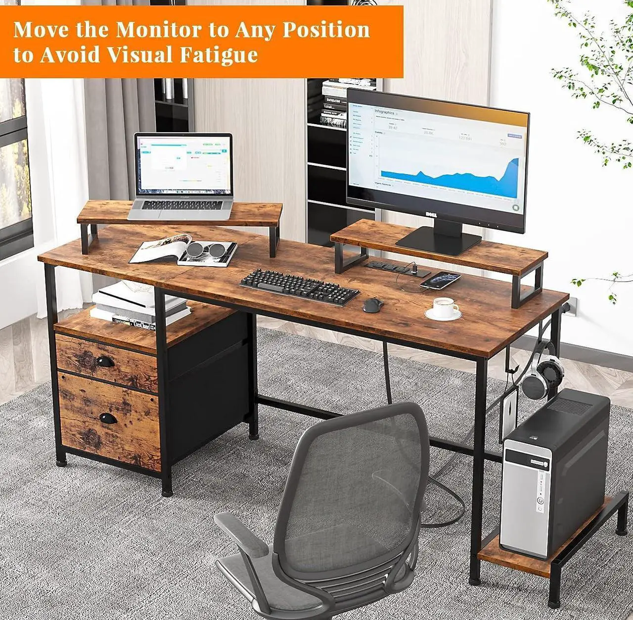 Alt view image 5 of 7 - 55" Computer Desk with Drawer and Power Outlets,  Large Compter Desk with Fabric File Cabinet and 2 Movable Monitor Shelf, Writing Gaming Table with CPU Stand and 2 Hooks for Home Office, Rustic Brown
