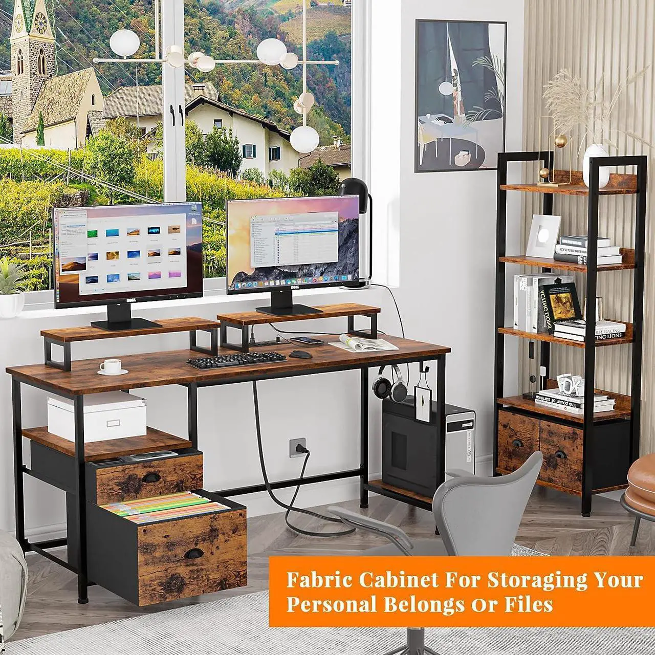 Alt view image 4 of 7 - 55" Computer Desk with Drawer and Power Outlets,  Large Compter Desk with Fabric File Cabinet and 2 Movable Monitor Shelf, Writing Gaming Table with CPU Stand and 2 Hooks for Home Office, Rustic Brown