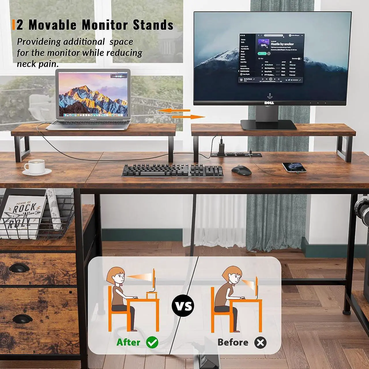 Alt view image 6 of 7 - 55" Computer Desk with Drawer and Power Outlets,  Large Compter Desk with Fabric File Cabinet and 2 Movable Monitor Shelf, Writing Gaming Table with CPU Stand and 2 Hooks for Home Office, Rustic Brown
